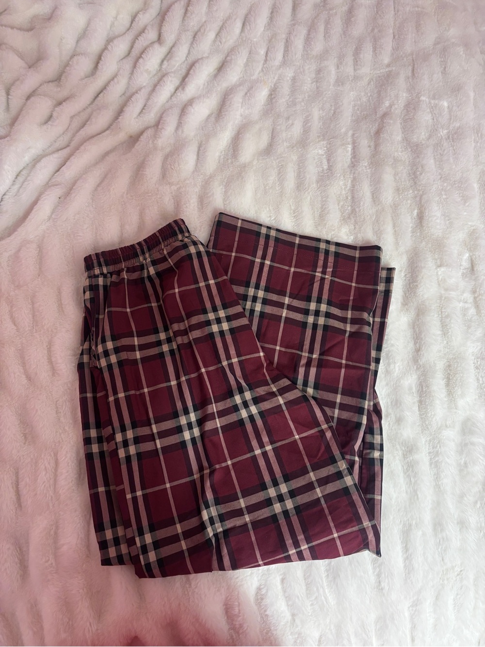Womens Burgundy Plaid Elastic Waist Pants